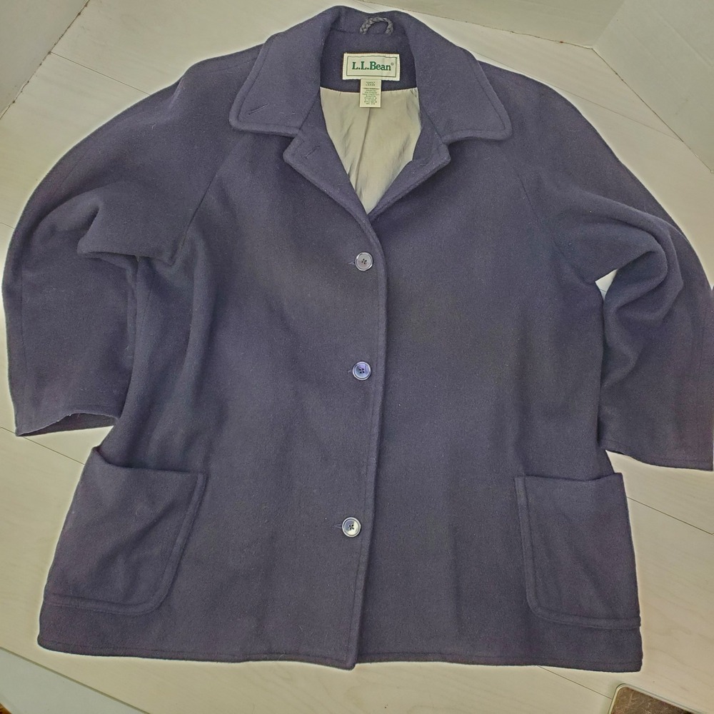 LL Bean Womens Petite Large Navy Blue Wool Cashmere Blend Coat Style‎ 28